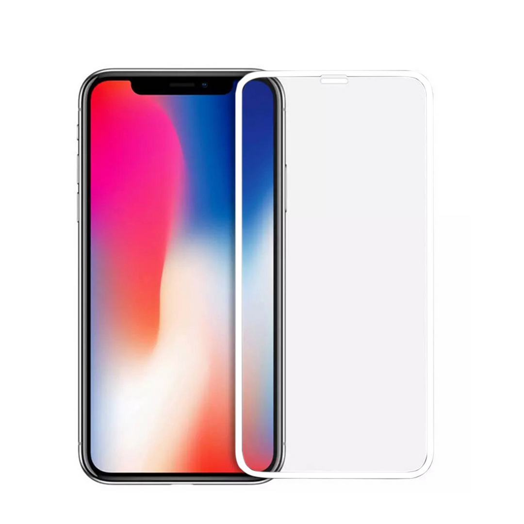 A transparent, tempered glass, screen protector, with white borders, for the iPhone. The glass is precision cut to fit the iPhone 11 and iPhone XR. 