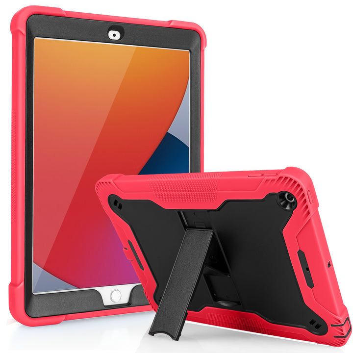 A Guardian case made of black polymer and red silicone encasing an iPad 10.2. The Guardian case has an integrated kickstand. The kickstand is extended to hold both the iPad and case in a tilted-landscape position. #color_black-red