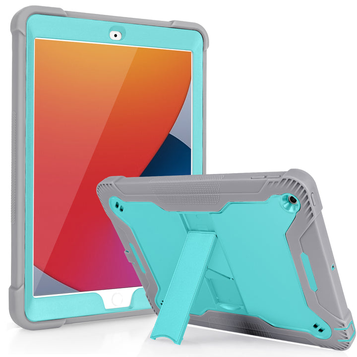 A Guardian case made of teal polymer and gray silicone encasing an iPad 10.2. The Guardian case has an integrated kickstand. The kickstand is extended to hold both the iPad and case in a tilted-landscape position. #color_teal-grey