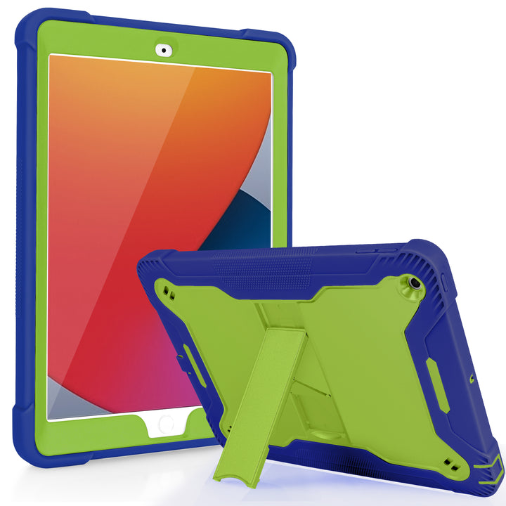 A Guardian case made of lime-green polymer and navy-blue silicone encasing an iPad 10.2. The Guardian case has an integrated kickstand. The kickstand is extended to hold both the iPad and case in a tilted-landscape position. #color_lime-green-dark-blue