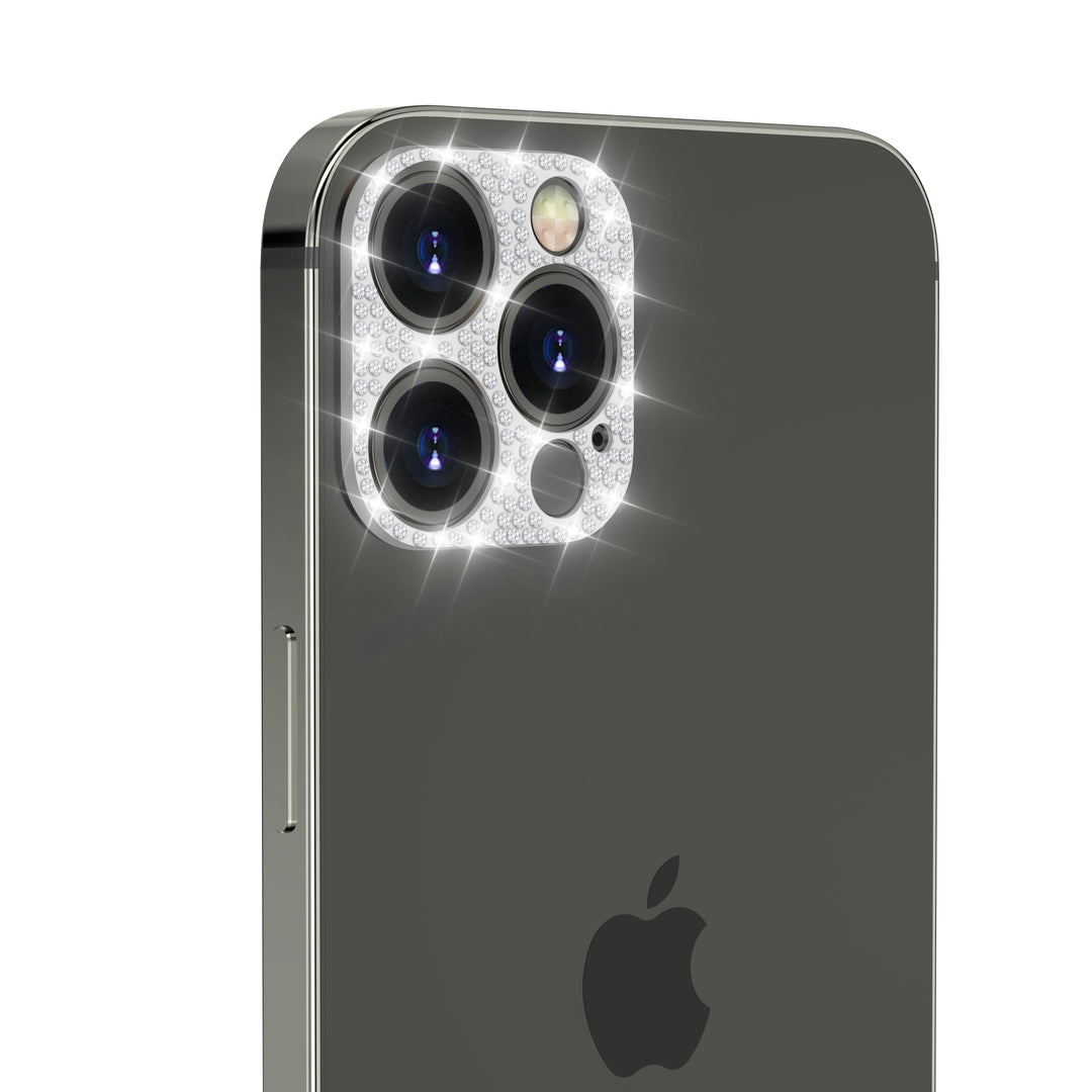 A silver, aesthetic camera cover, made with faux diamond rhinestones. The camera cover is fitted for the iPhone 12 Pro Max. #color_silver