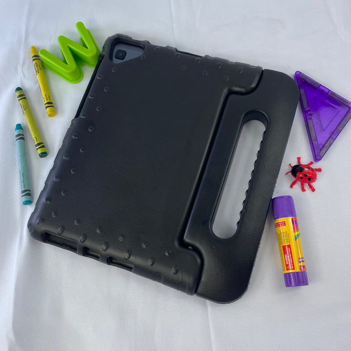 A tablet covered in a black foam case. The case has a handle. #color_black