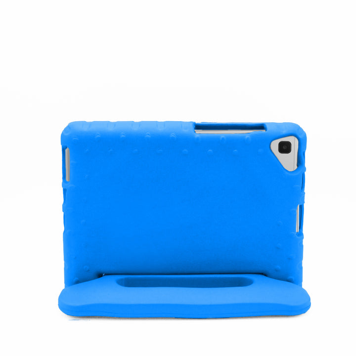 A tablet covered in a blue foam case. The case has a handle and tilt-stand. #color_blue