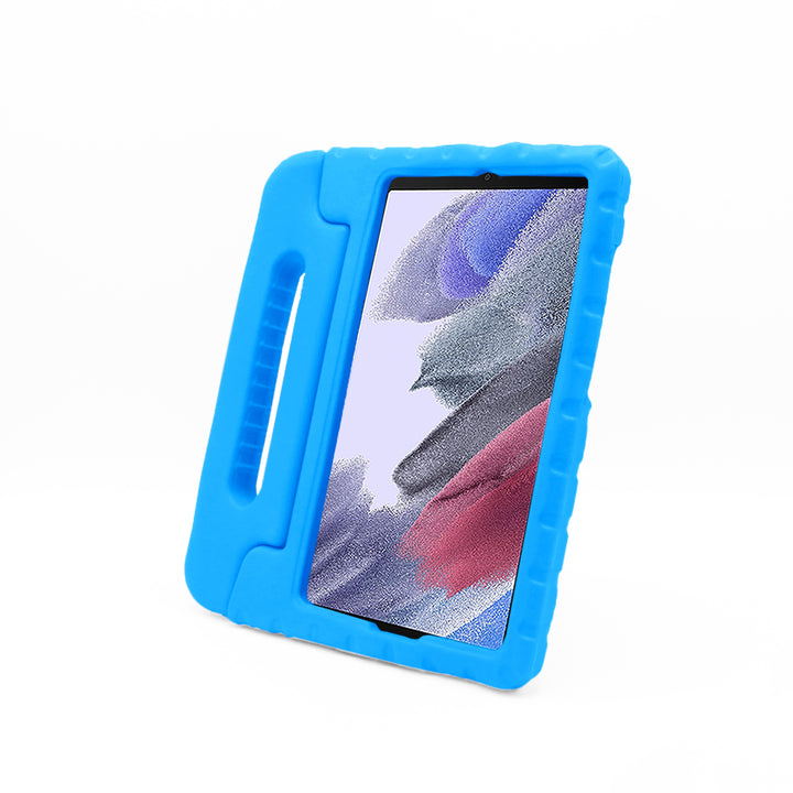 A tablet covered in a blue foam case. The case has a handle. #color_blue
