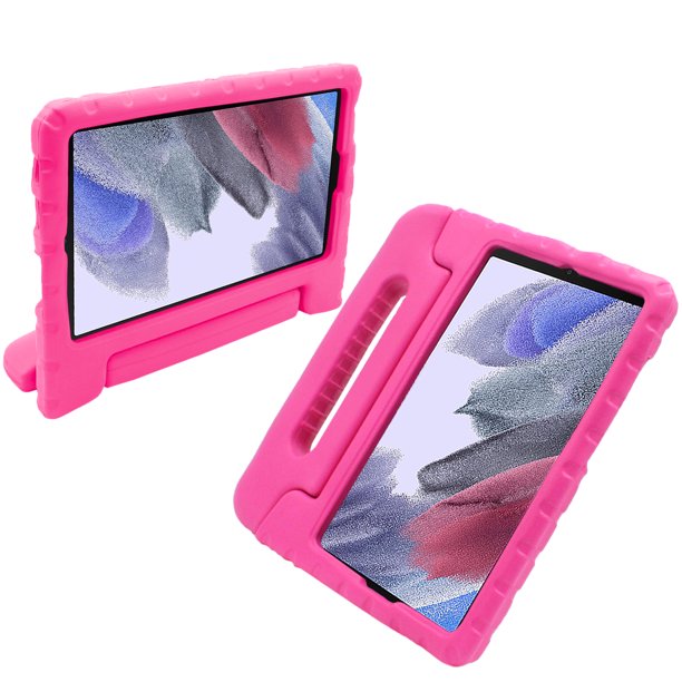 A tablet covered in a pink foam case. The case has a handle and tilt-stand. #color_hot-pink