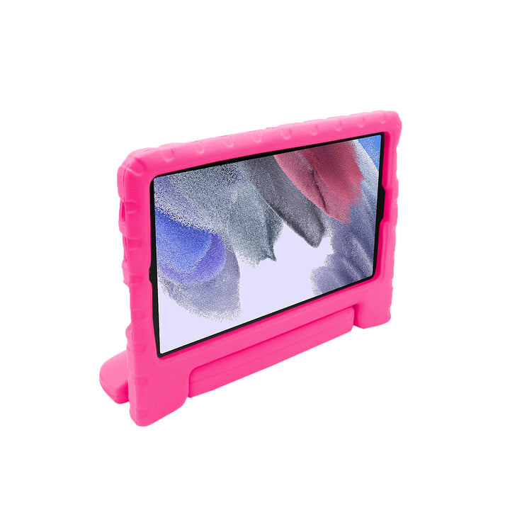 A tablet covered in a pink foam case. The case has a handle and tilt-stand. #color_hot-pink
