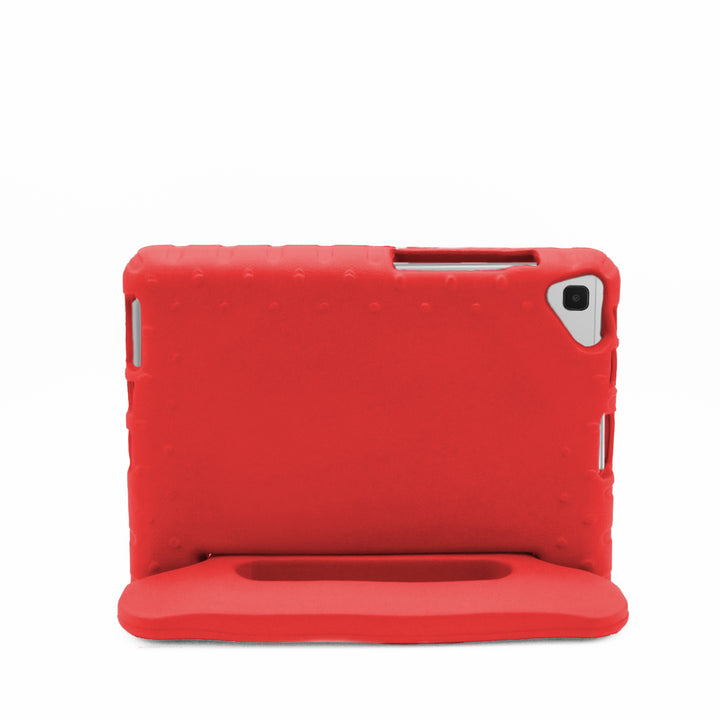 A tablet covered in a red foam case. The case has a handle and tilt-stand. #color_red