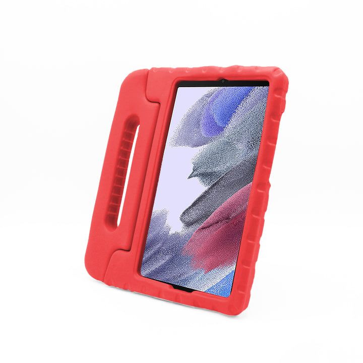 A tablet covered in a red foam case. The case has a handle. #color_red