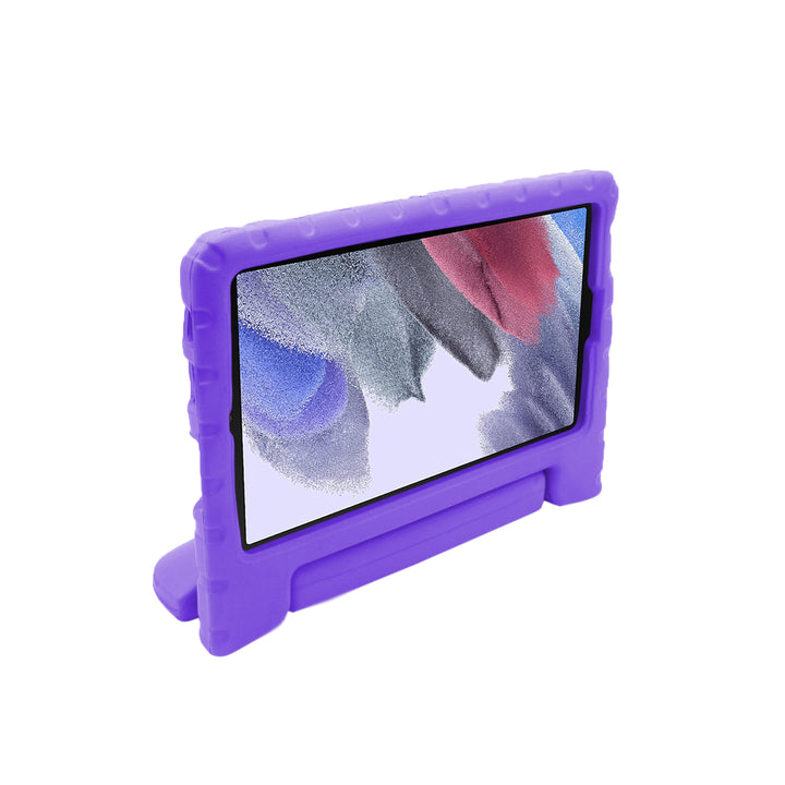 A tablet covered in a purple foam case. The case has a handle and tilt-stand. #color_purple