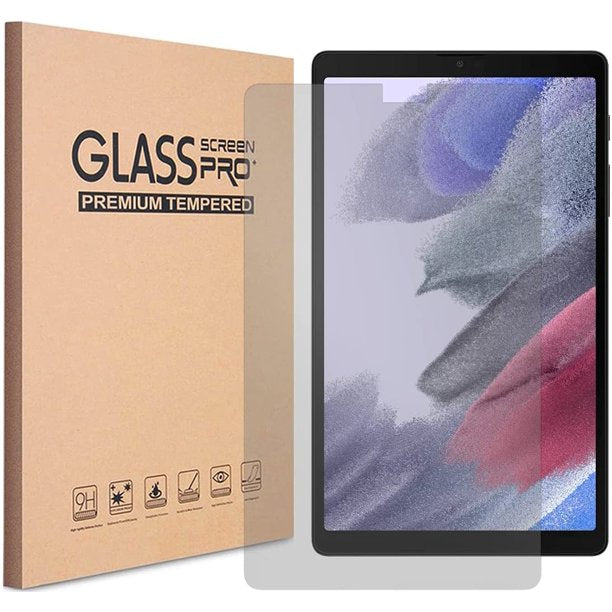 A sand-colored case labeled, "Glass Screen Pro: Premium Tempered". A transparent screen protector hovering over a tablet.