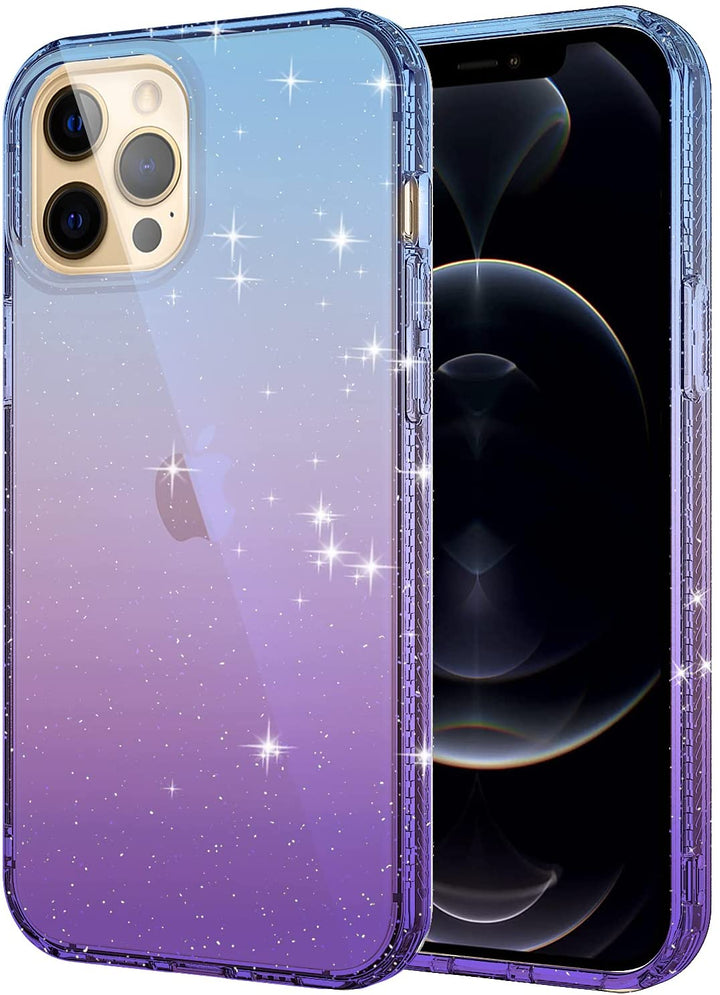 A translucent, TPU, iPhone 12 Pro Max case, with glitter. The case has a two tone gradient that transitions between blue and purple. #color_dark-blue-purple-2tone