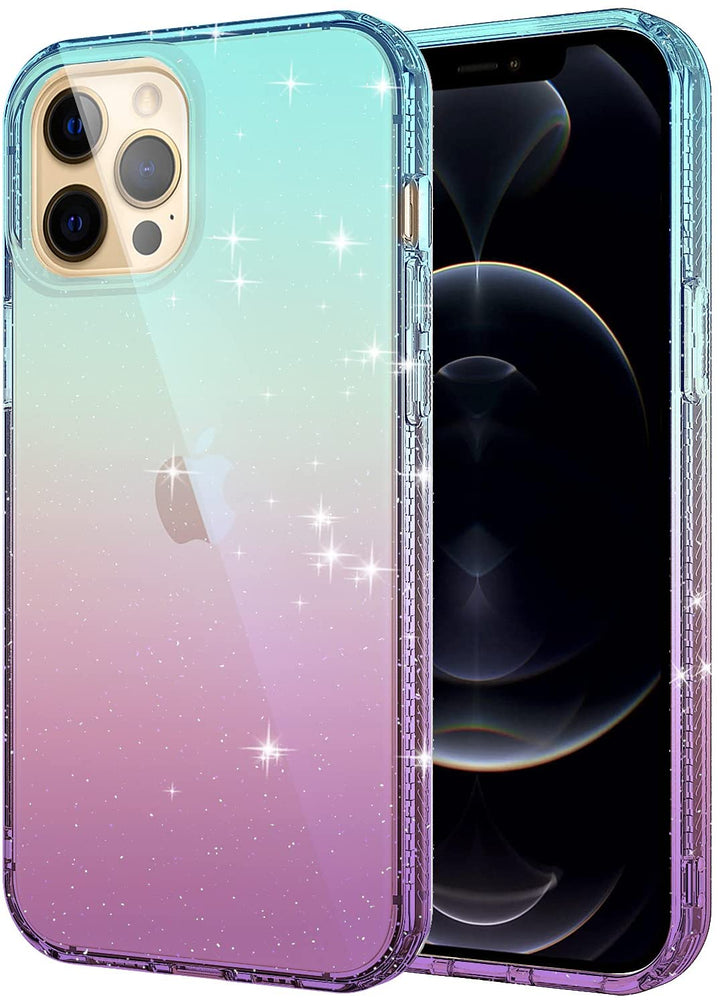 An Apple iPhone 13 Pro Max TPU case, transparent, with transitioning purple-to-light-blue color gradient. #color_light-blue-purple-2tone