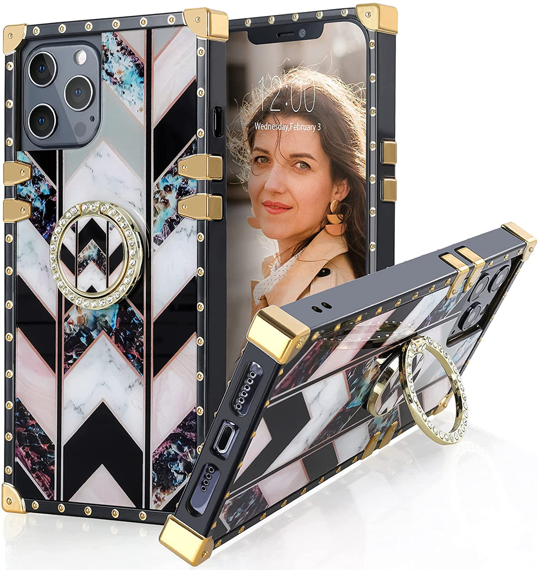 An Apple iPhone 13 Pro case; ring-handle-kickstand; rectangular-shaped; black trim with gold-rivets; gold corner bumpers; black-white-marbled-vertical chevrons. #color_marble-chevron