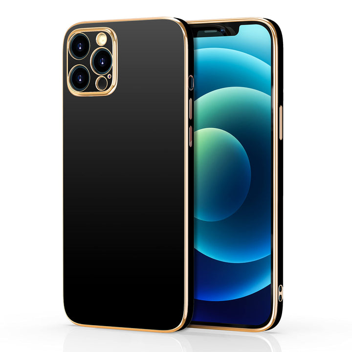 An all-black, TPU, Apple iPhone 12 Pro Max case, with gold trim. #color_black
