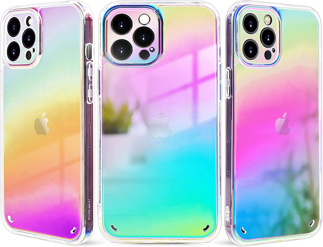 A translucent, Apple iPhone 12 Pro Max case, with rainbow, oil-slick, color schema. #color_rainbow