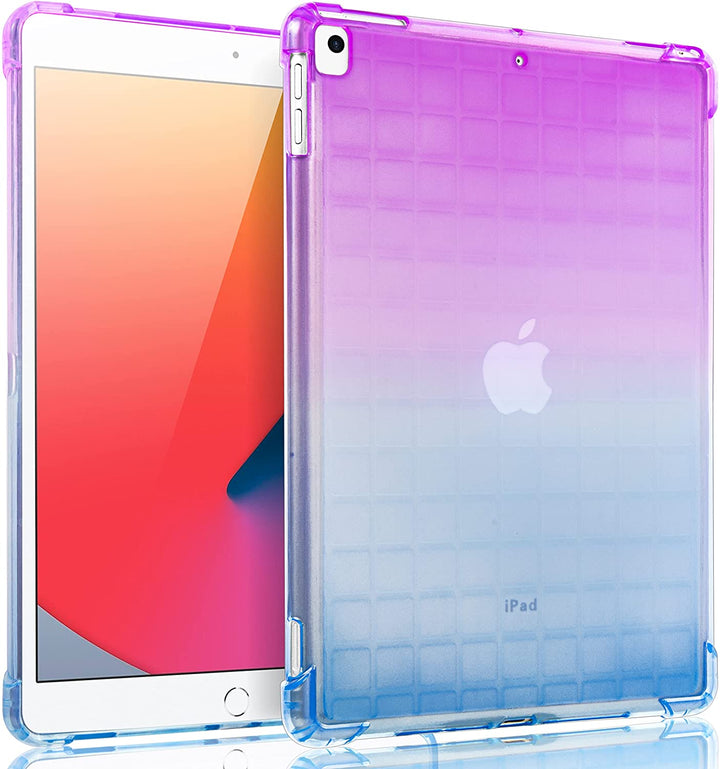 A transparent-colored silicone case with corner-bumpers covering the back of an Apple iPad. The top-half purple blends to the blue-colored bottom-half. #color_purple-blue