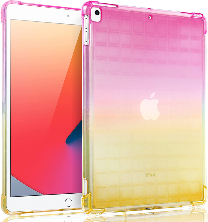 A transparent-colored silicone case with corner-bumpers covering the back of an Apple iPad. The top-half pink blends to the yellow-colored bottom-half. #color_pink-yellow