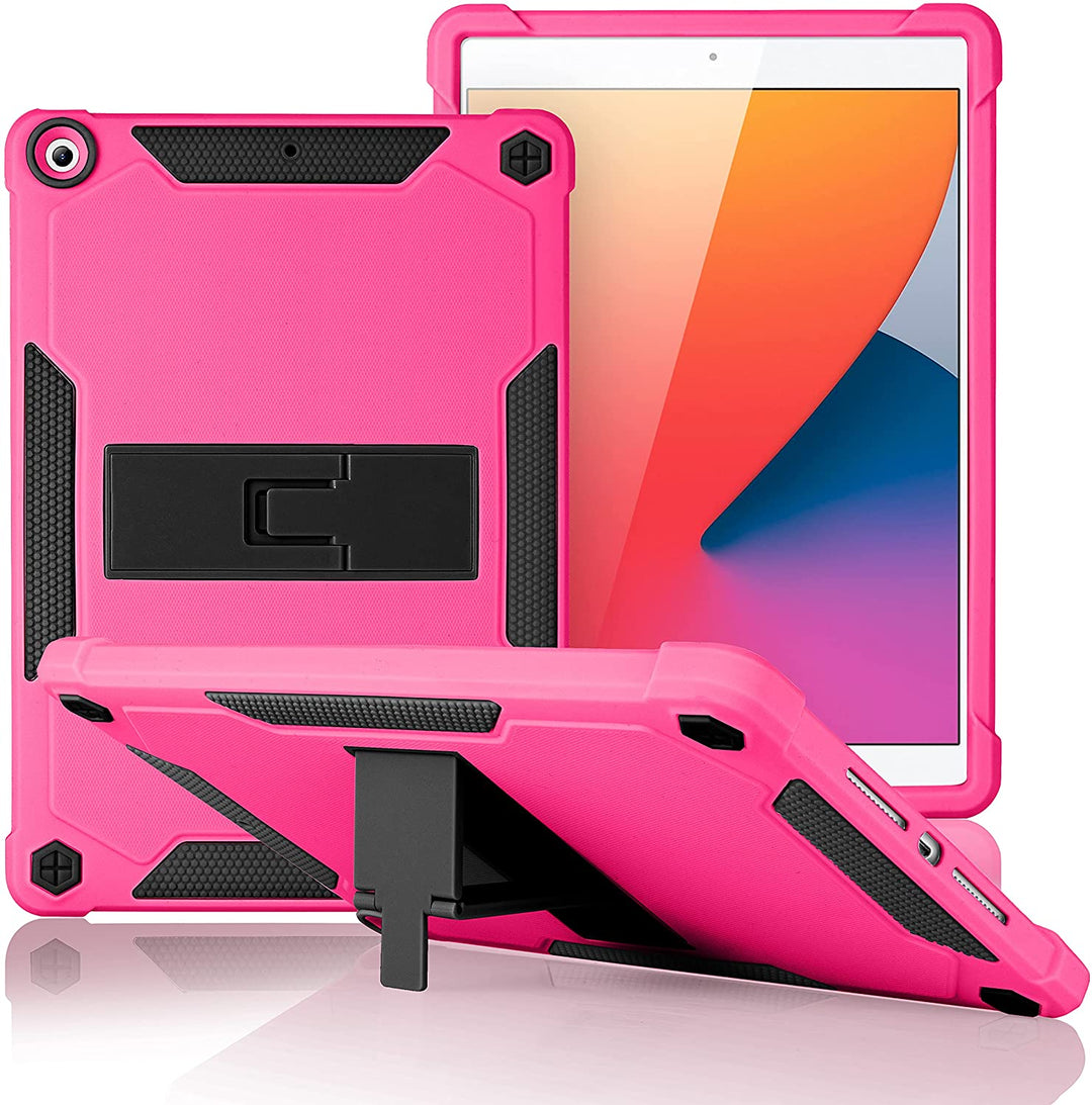 A slim cover made of black and hot pink silicone encasing an iPad 10.2. The cover has an integrated polymer kickstand. The kickstand is extended to hold the case and iPad in a tilted landscape position.  #color_black-hot-pink