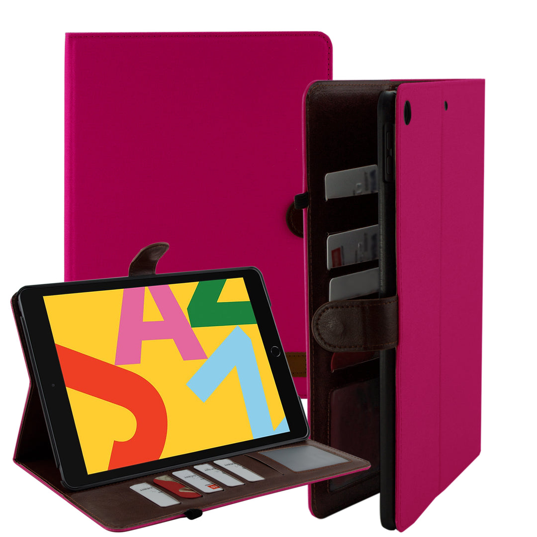 A bifolding portfolio case encases an iPad 10.2. The outer layer is of hot pink canvas. The inner layer is made of brown synthetic leather. The inner layer houses 5 credit cards and a transparent identification holster. The iPad is held in a titled-landscape position by the portfolio case. #color_hot-pink