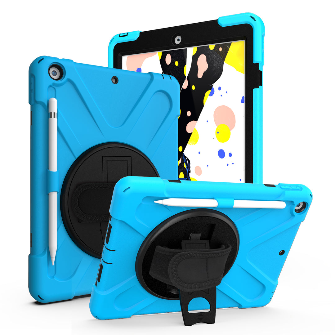A light blue Shield case made of black polymer and light blue silicone encasing an iPad 10.2. The Shield case has an integrated Apple Pencil holder with a hand strap and kickstand. The kickstand is extended to hold the case and iPad in a tilted position. #color_light-blue