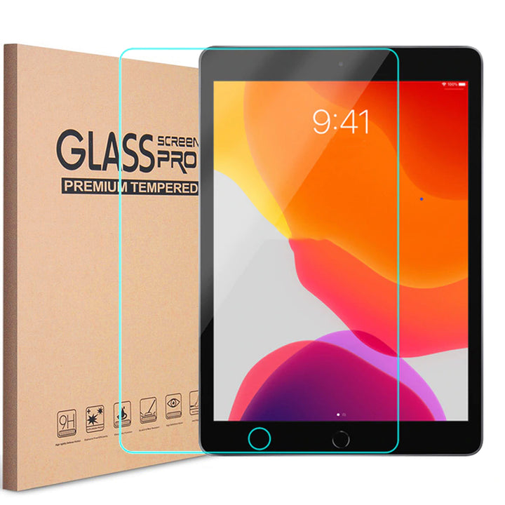 An iPad 10.2 showcased with a transparent tempered glass. The glass is cutout with dimensions to fit the iPad perfectly.