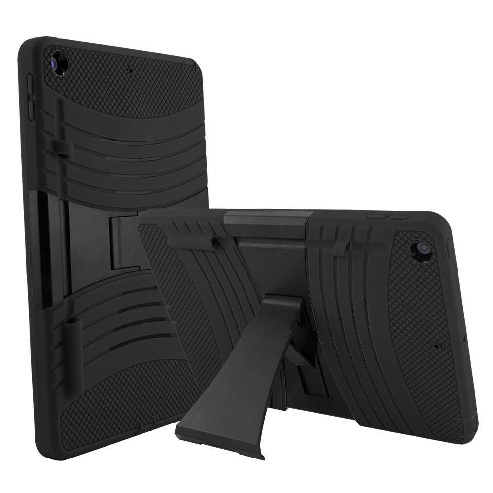 A black tablet case, made of silicone and polymer, with a kickstand. The kickstand is extended to hold a tilted tablet.  #color_black