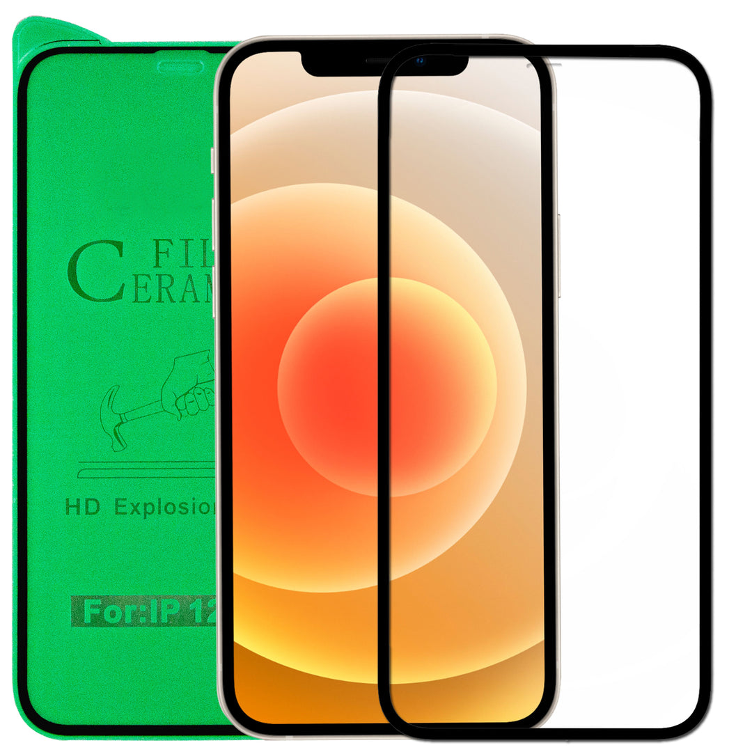 A transparent, ceramic, screen protector, for the iPhone. The ceramic is precision cut to fit the iPhone 12 Mini.