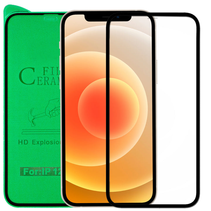 A transparent, ceramic, screen protector, for the iPhone. The ceramic is precision cut to fit the iPhone 12 Mini.