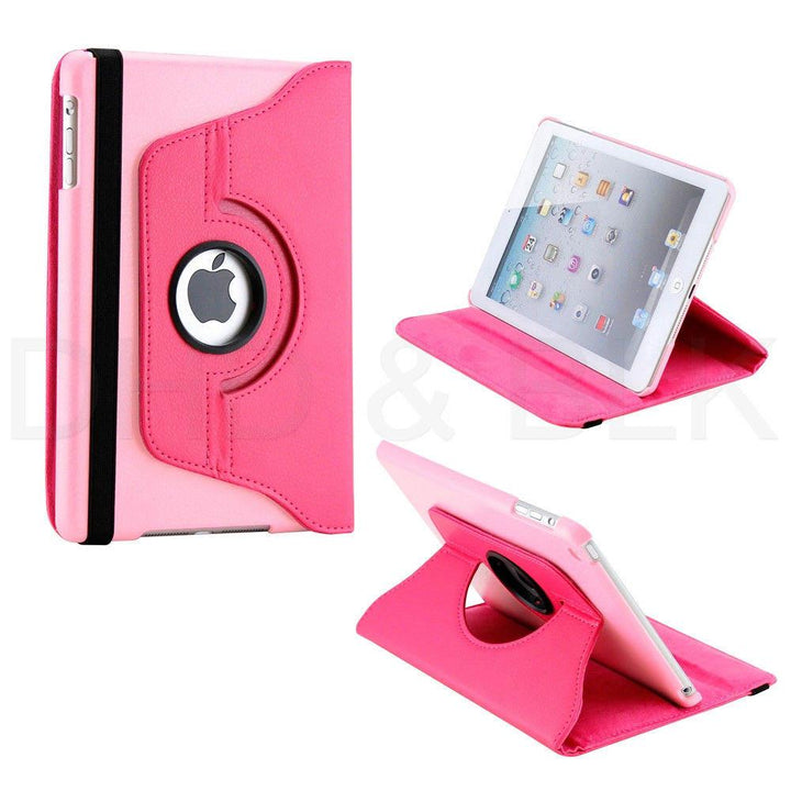 An Apple iPad mini encased in light pink polymer and pink synthetic leather. The case has a 360 rotary device that allows the iPad to sit on the case, tilted in a landscape position. #color_light-pink-hot-pink