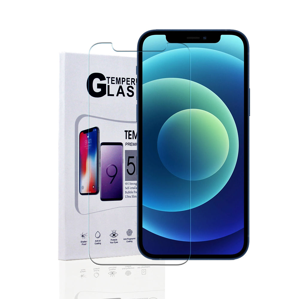 A transparent, tempered glass, screen protector, for the iPhone. The glass is precision cut to fit the iPhone 12 and iPhone 12 Pro.