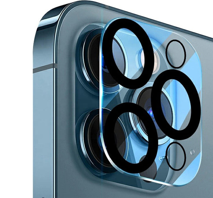 A transparent, tempered glass, camera protector, for the iPhone. The glass is precision cut to fit the iPhone 12 Mini.