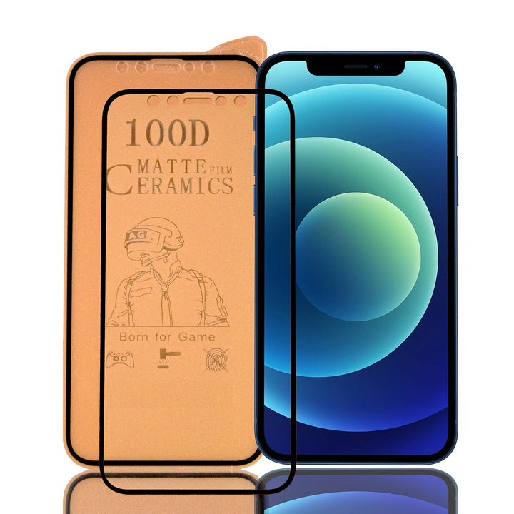 A transparent, matte ceramic, screen protector, with black borders, for the iPhone. The ceramic is precision cut to fit the iPhone 12 and 12 Pro.