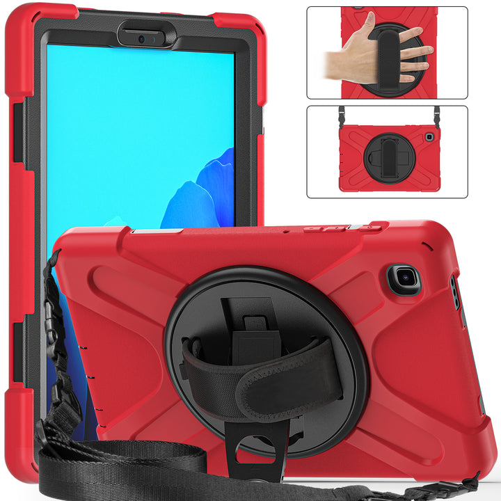 A tablet covered in a black-polymer and red-silicone case. The case has a kickstand, hand-strap, and shoulder strap. The kickstand is extended to hold the tablet in a tilted position. #color_black-red
