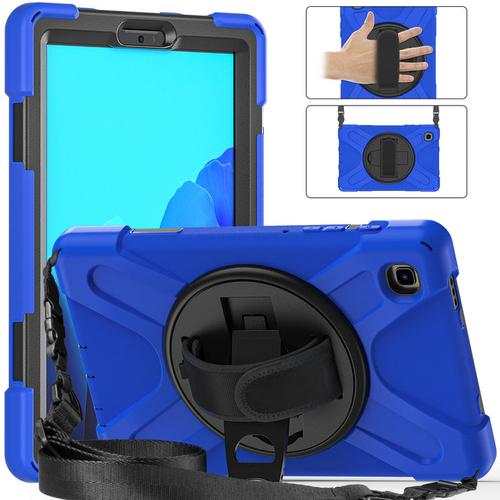 A tablet covered in a black-polymer and blue-silicone case. The case has a kickstand, hand-strap, and shoulder strap. The kickstand is extended to hold the tablet and case in a tilted position. #color_black-blue