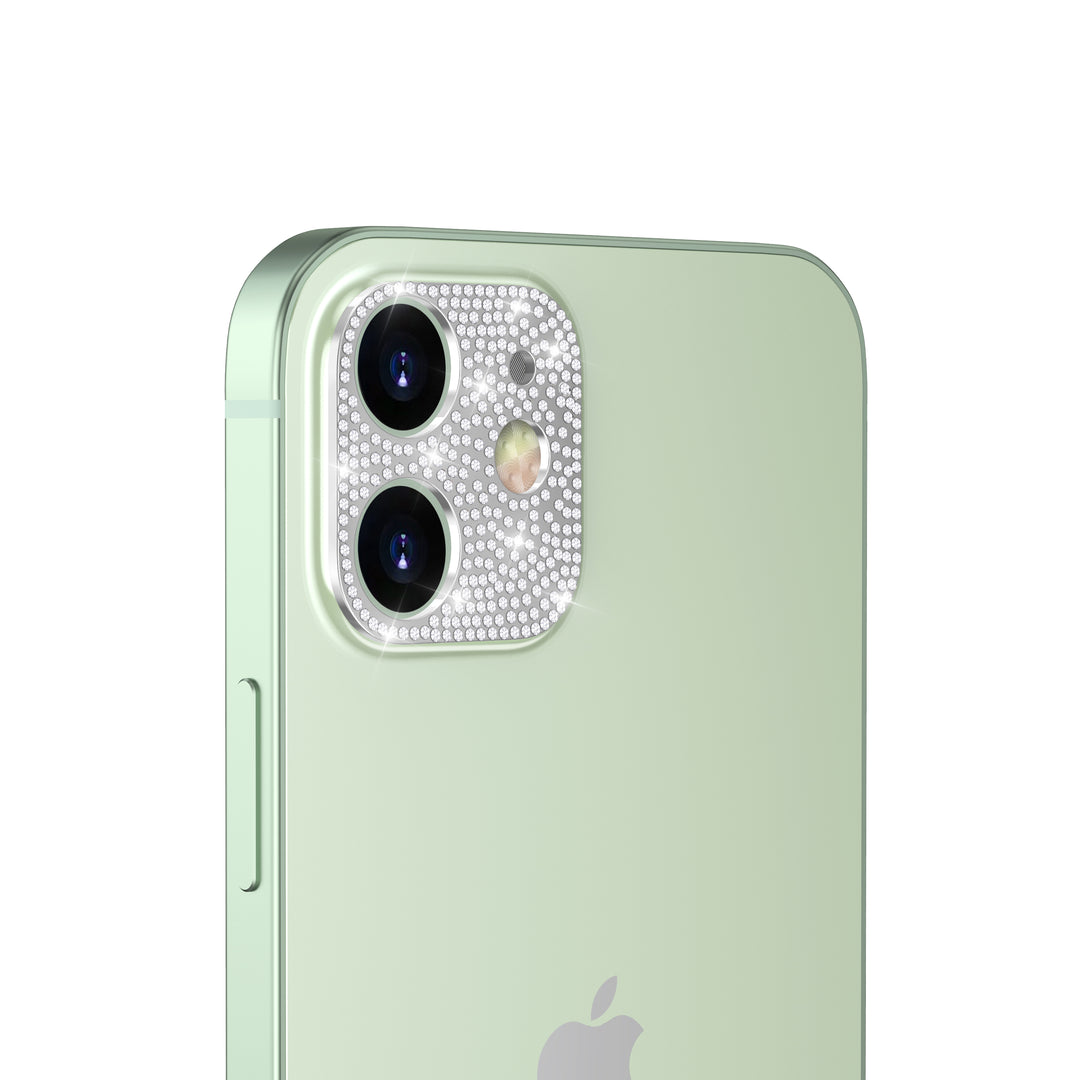 A silver, aesthetic camera cover, made with faux diamond rhinestones. The camera cover is fitted for the iPhone 12. #color_silver