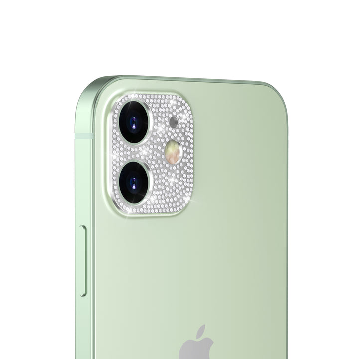 A silver, aesthetic camera cover, made with faux diamond rhinestones. The camera cover is fitted for the iPhone 12. #color_silver