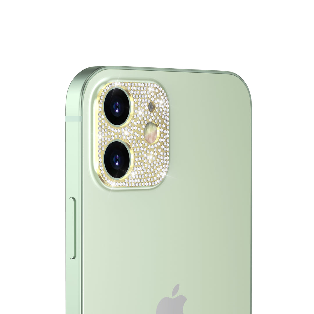 A gold, aesthetic camera cover, made with faux diamond rhinestones. The camera cover is fitted for the iPhone 12. #color_yellow-gold