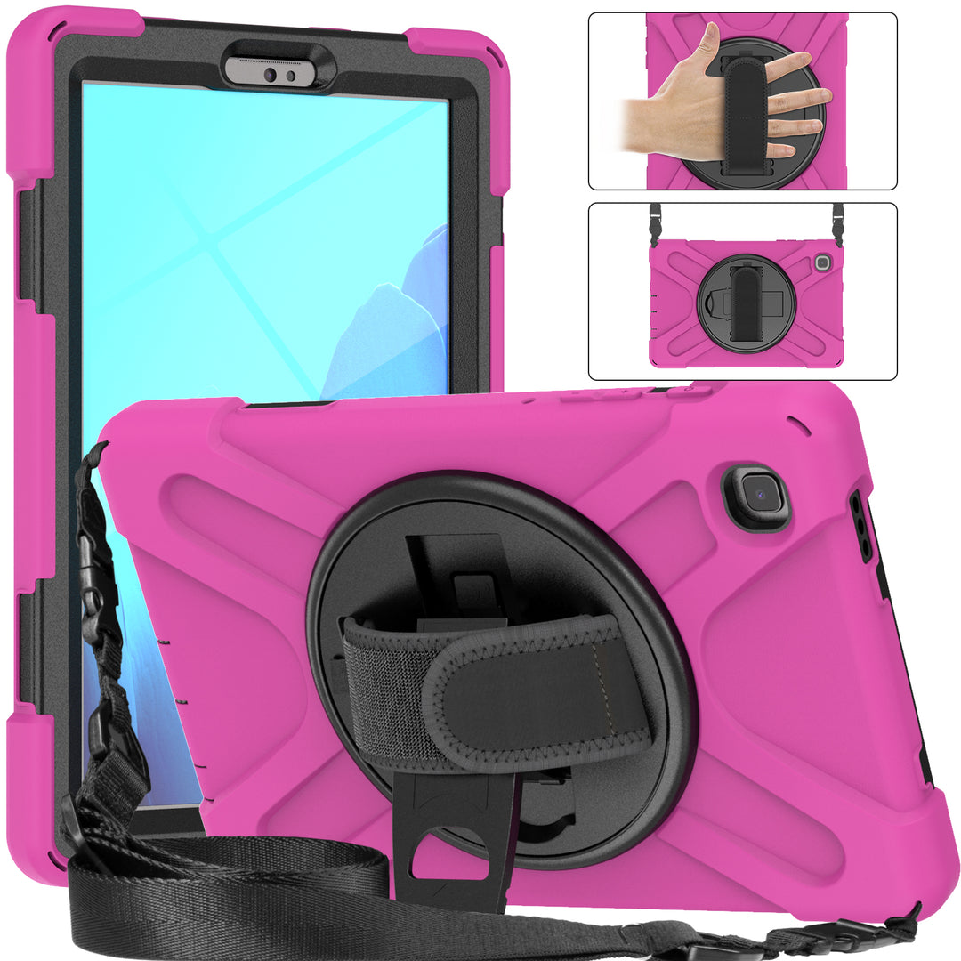 A tablet covered in a black-polymer and pink-silicone case. The case has a kickstand, hand-strap, and shoulder strap. The kickstand is extended to hold the tablet in a tilted position. #color_black-hot-pink
