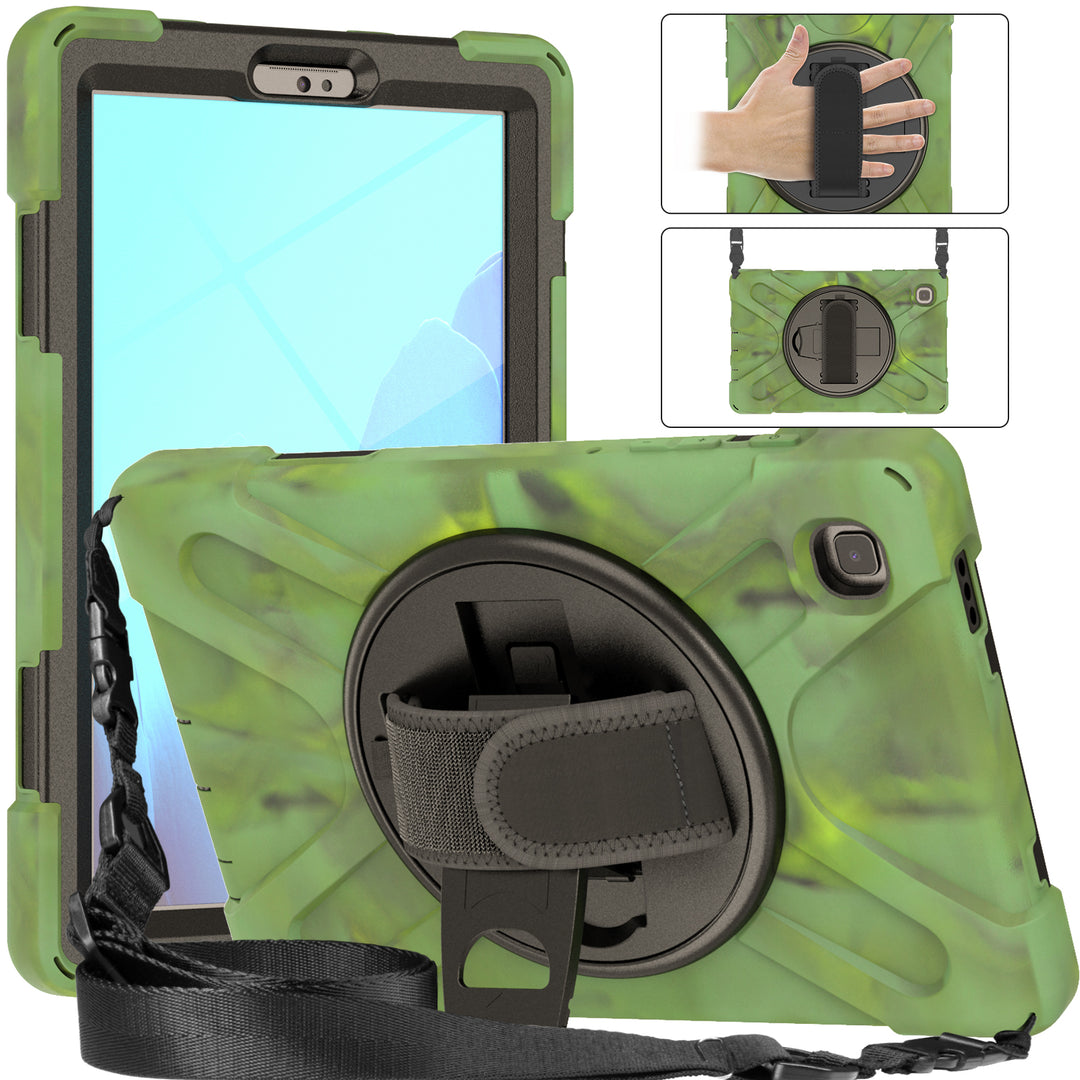 A tablet covered in a black-polymer and green-camouflage-silicone case. The case has a kickstand, hand-strap, and shoulder strap. The kickstand is extended to hold the tablet in a tilted position. #color_camouflage