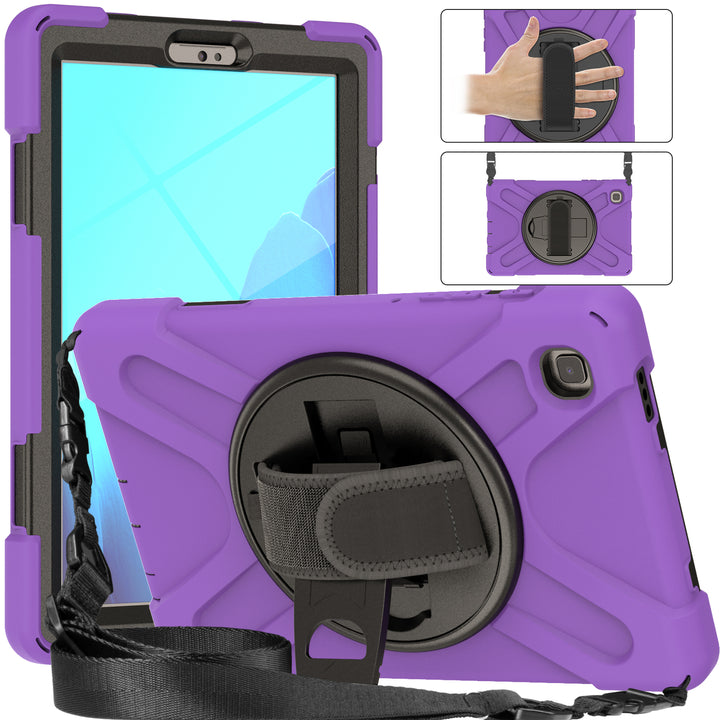 A tablet covered in a black-polymer and purple-silicone case. The case has a kickstand, hand-strap, and shoulder strap. The kickstand is extended to hold the tablet in a tilted position. #color_black-purple