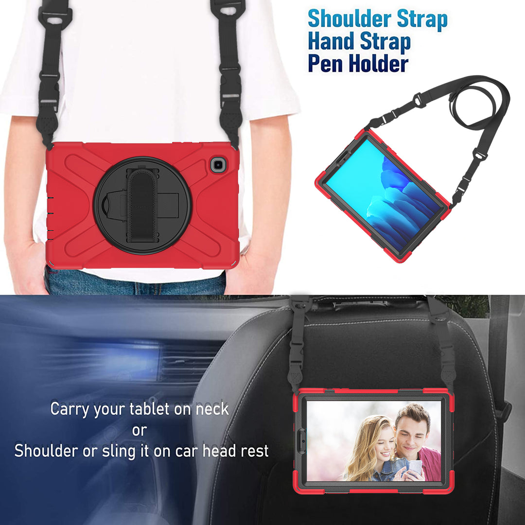 Samsung Galaxy Tab A7 Lite Case 8.7 Inch tablet case in a black-polymer and silicone case. The shoulder strap proves easy hands free transportation and straps or hangs on any object. #color_black-red