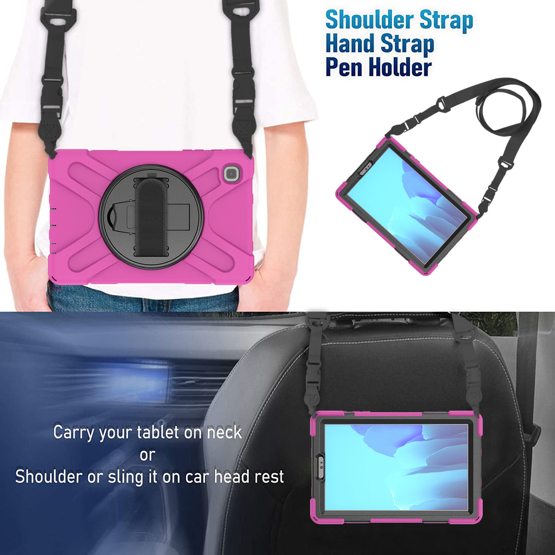 Samsung Galaxy Tab A7 Lite Case 8.7 Inch tablet case in a black-polymer and silicone case. The shoulder strap proves easy hands free transportation and straps or hangs on any object. #color_black-pink