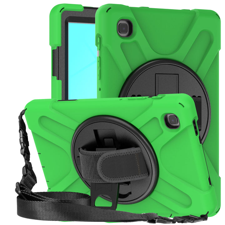 A tablet covered in a black-polymer and green-silicone case. The case has a kickstand, hand-strap, and shoulder strap. The kickstand is extended to hold the tablet in a tilted position. #color_black-green