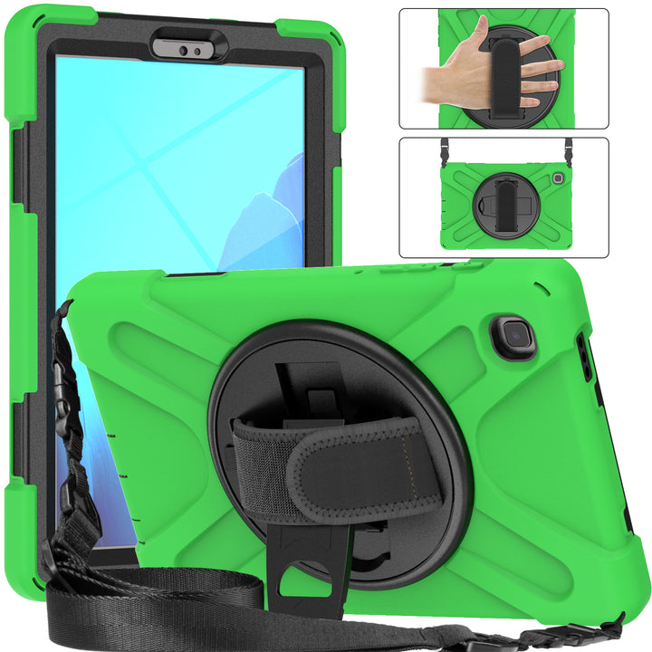 A tablet covered in a black-polymer and green-silicone case. The case has a kickstand, hand-strap, and shoulder strap. The kickstand is extended to hold the tablet in a tilted position. #color_black-green