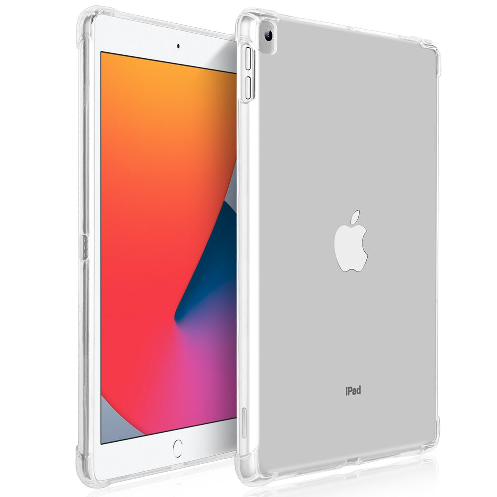 A transparent silicone case with corner-bumpers covering the back of an Apple iPad. #color_clear