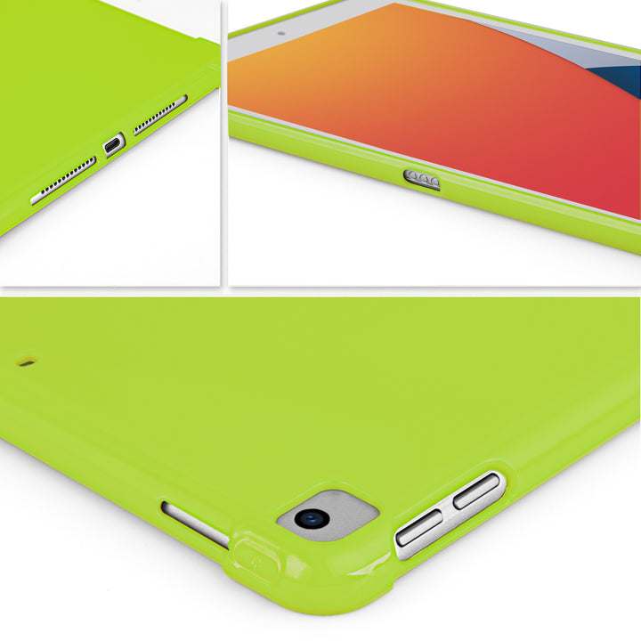 A green silicone case with corner-bumpers covering the back of an Apple iPad. #color_green