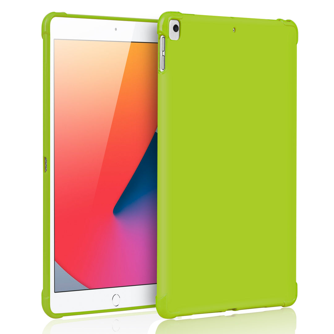 A green silicone case with corner-bumpers covering the back of an Apple iPad. #color_green