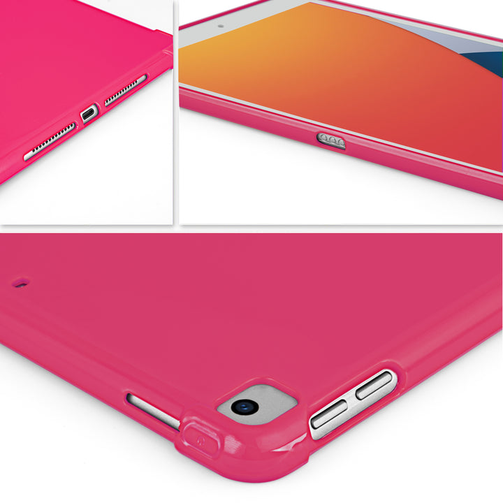 A pink silicone case with corner-bumpers covering the back of an Apple iPad. #color_hot-pink