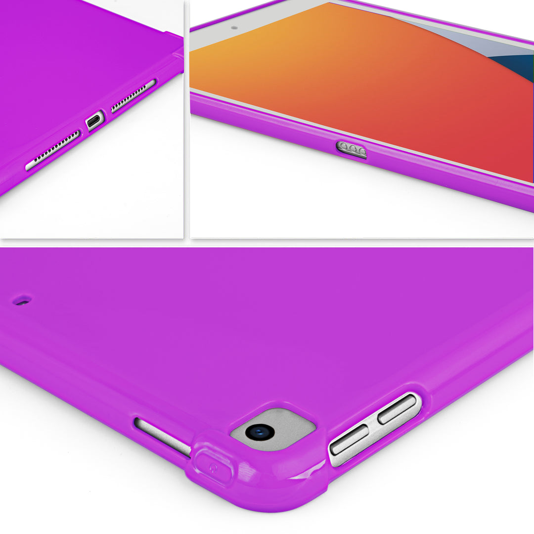 A purple silicone case with corner-bumpers covering the back of an Apple iPad. #color_purple