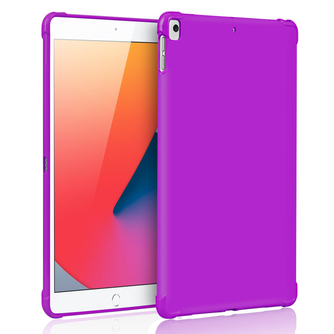 A purple silicone case with corner-bumpers covering the back of an Apple iPad. #color_purple